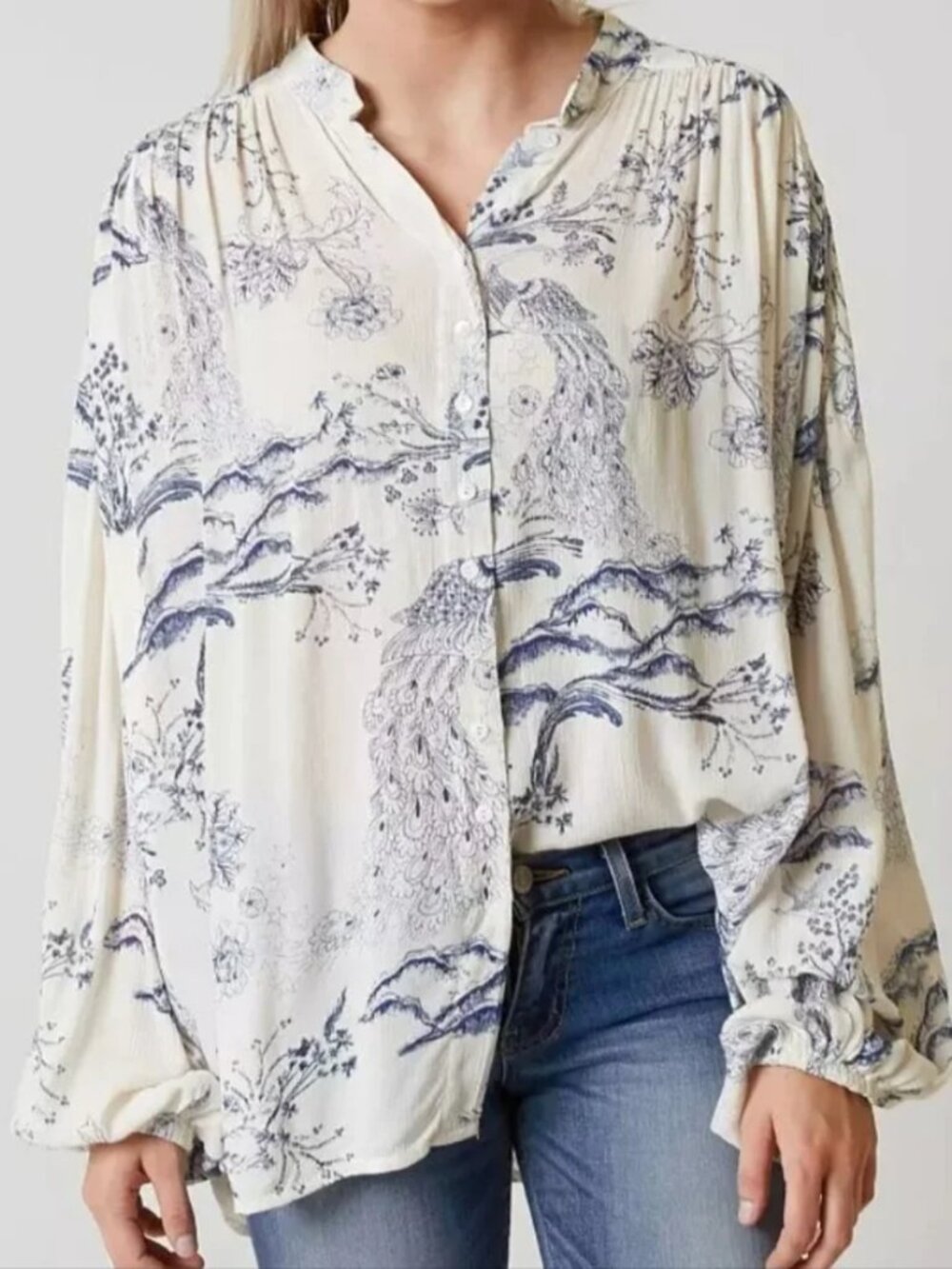 Free People Metallic Blooms Blouse Sz L Cream Blue Floral Long Sleeve Boho Tunic